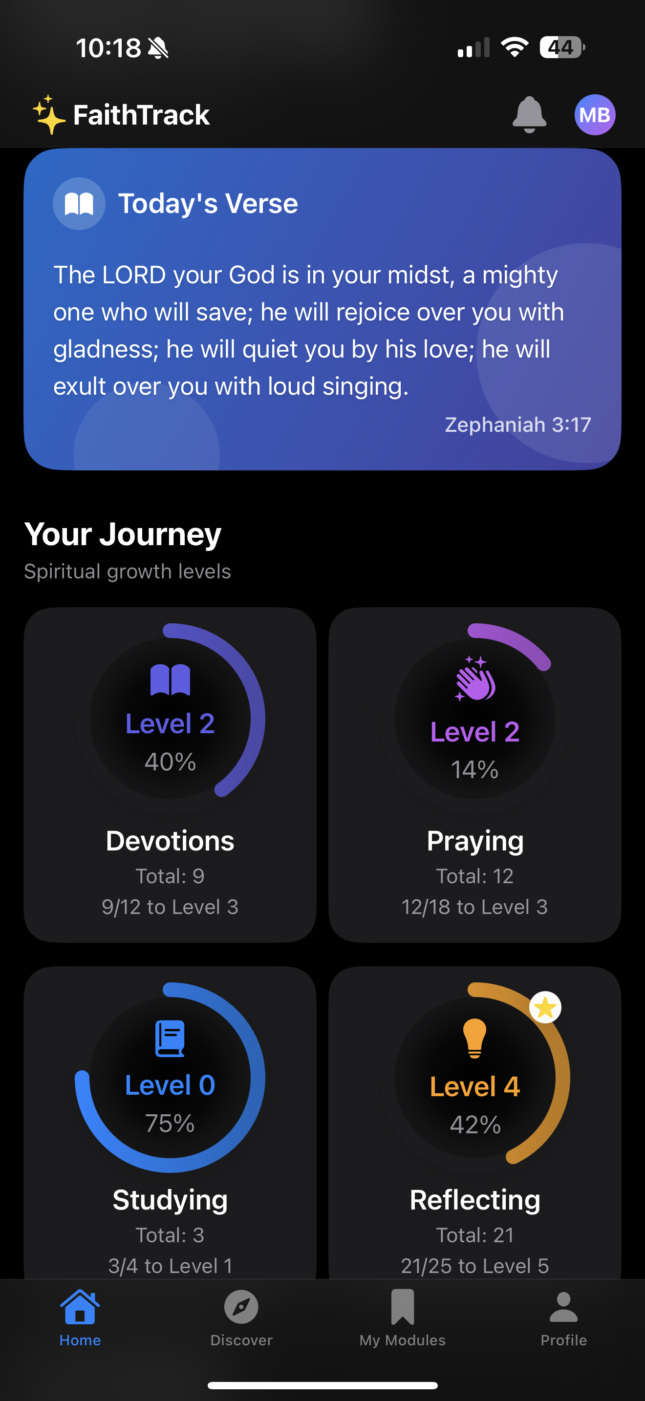 FaithTrack app home screen showing spiritual tracker and daily devotional